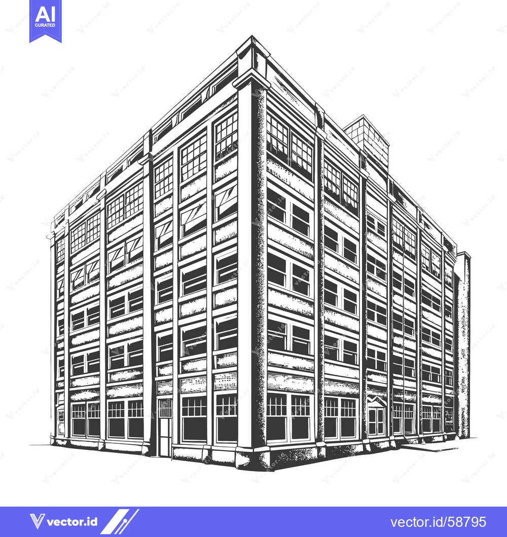 Premium Vector dari A large multi story industrial building illustration in black and whit