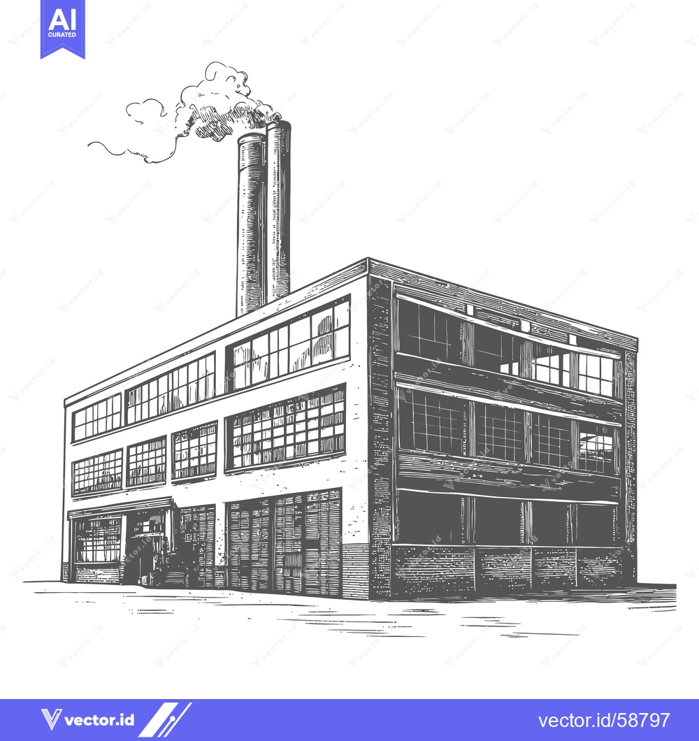 Premium Vector dari A vintage illustration depicts an industrial factory with smoke billow