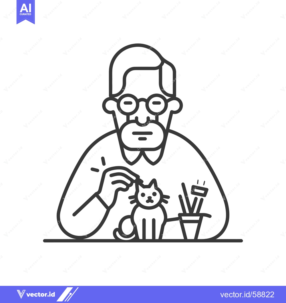 Premium Vector of Man with Glasses Sitting at a Table with a Cat and Plants