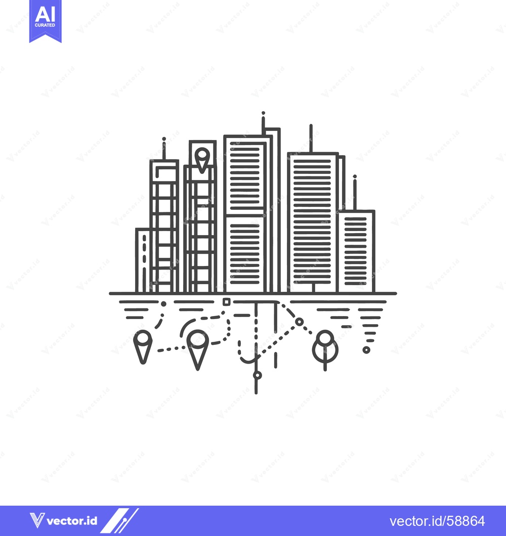 Premium Vector dari Line drawing shows city buildings with location markers and route