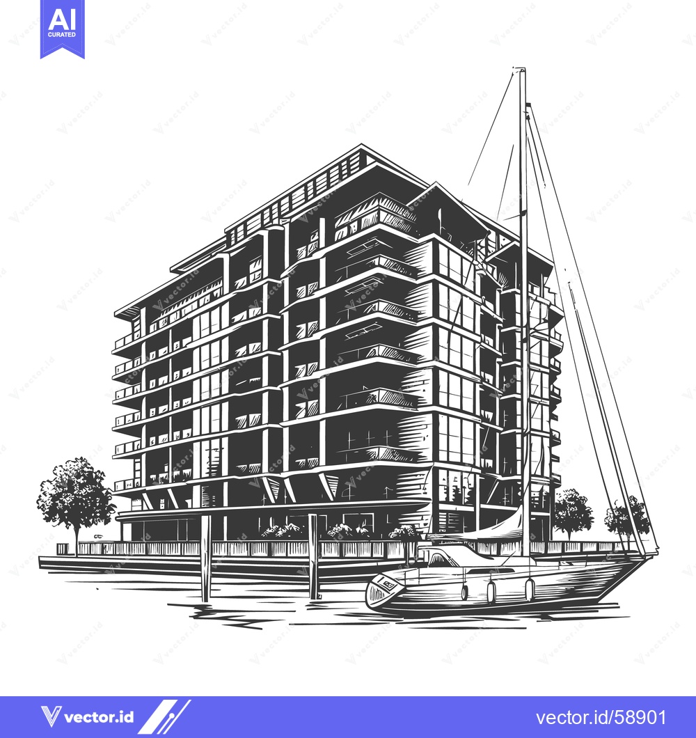 Premium Vector dari A large building and boat illustration drawn in grayscale