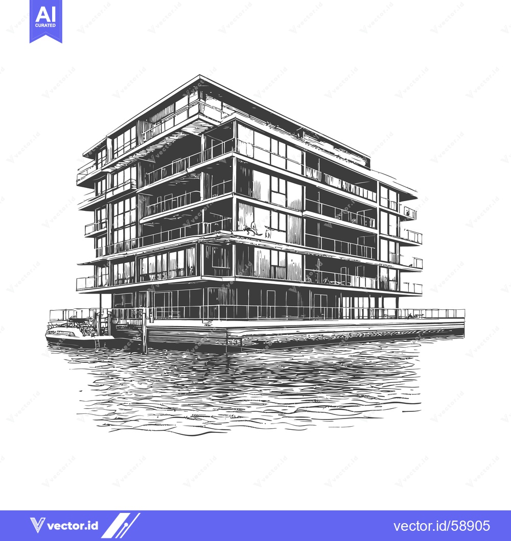 Premium Vector of The illustration depicts a modern multi story building on the water