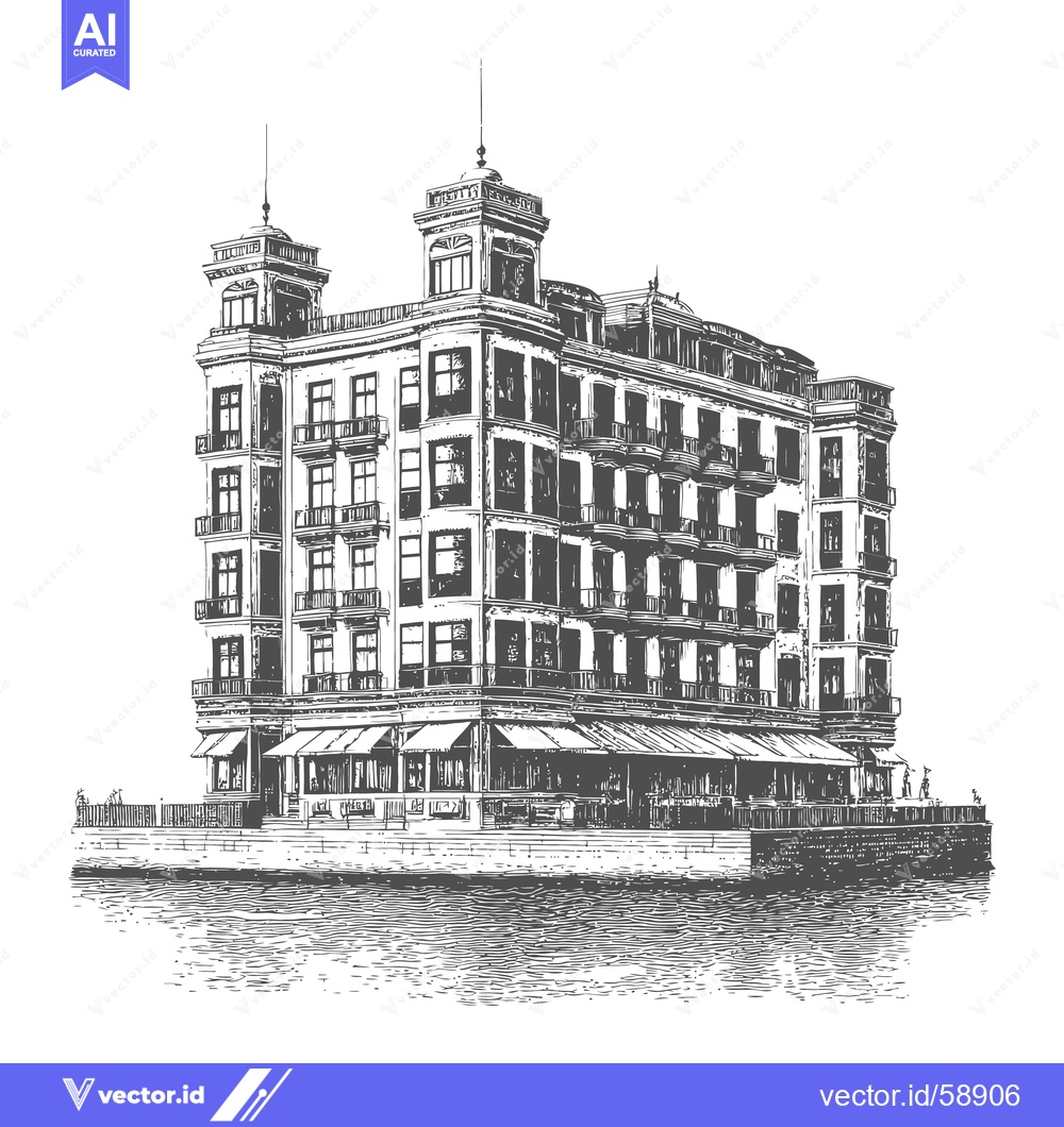 Premium Vector of Detailed monochrome illustration of an elegant waterside building exte