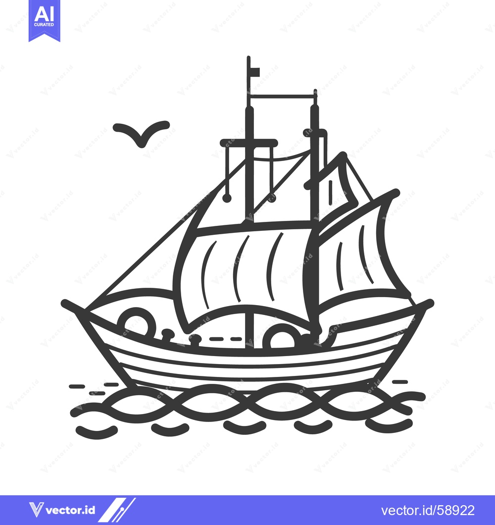 Premium Vector dari A stylized black and white illustration depicting a sailing ship on wa