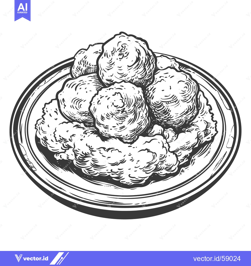 Premium Vector dari A drawing depicts a plate of meatballs and accompanying food