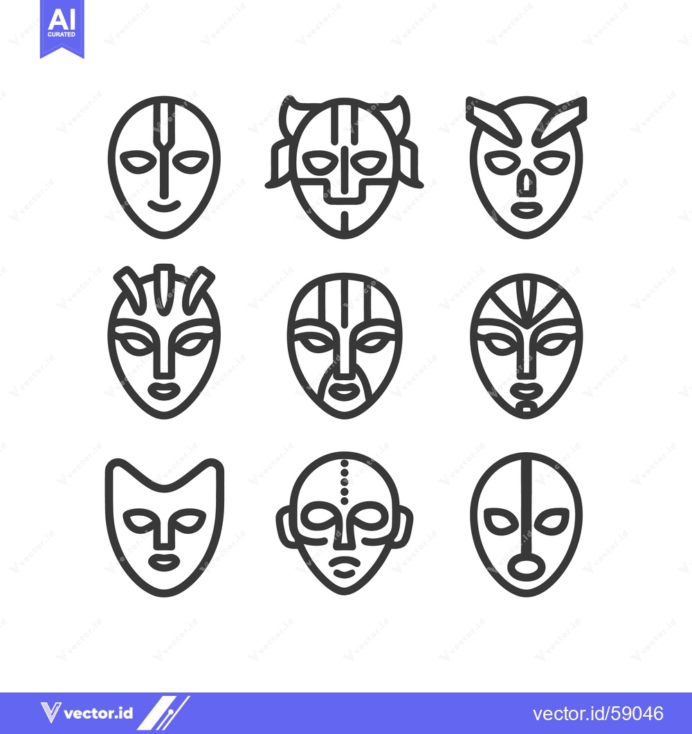 Premium Vector dari Nine Tribal Mask Icons: Cultural Heritage, Minimalist Line Art