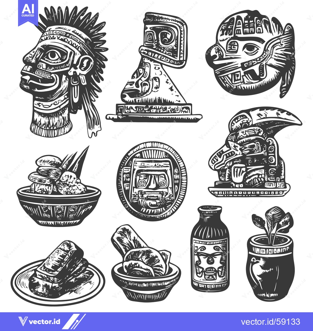 Premium Vector dari Mayan Culture Elements with Masks, Food, and Artifacts