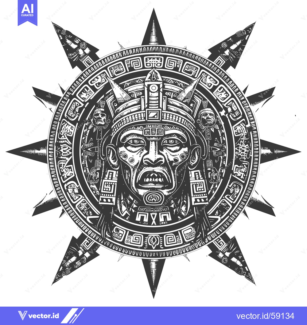 Premium Vector of Mayan Deity Depiction with Geometric Ornamentation and Compass-like Po
