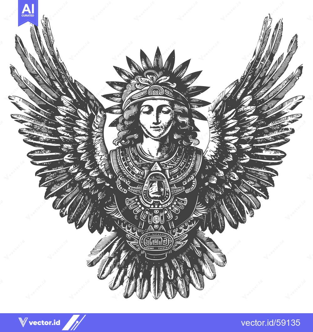Premium Vector of Mayan Deity with Feathered Wings and Ornate Headwear