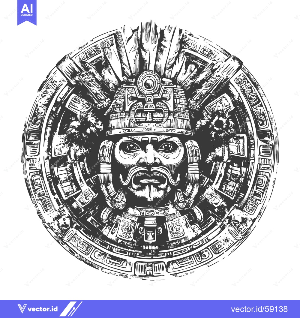 Premium Vector of Mayan Deity with Ornate Headwear and Geometric Background