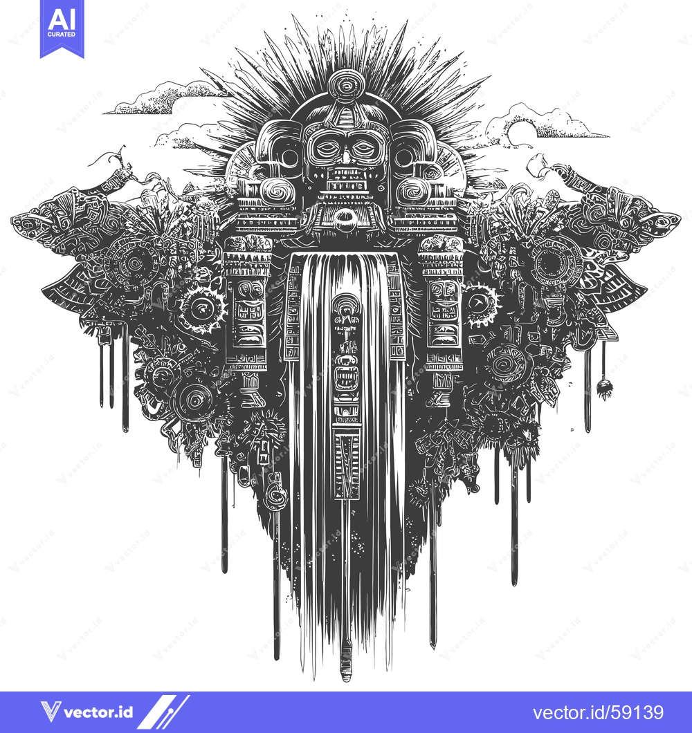 Premium Vector dari Mayan Deity with Waterfall and Intricate Designs