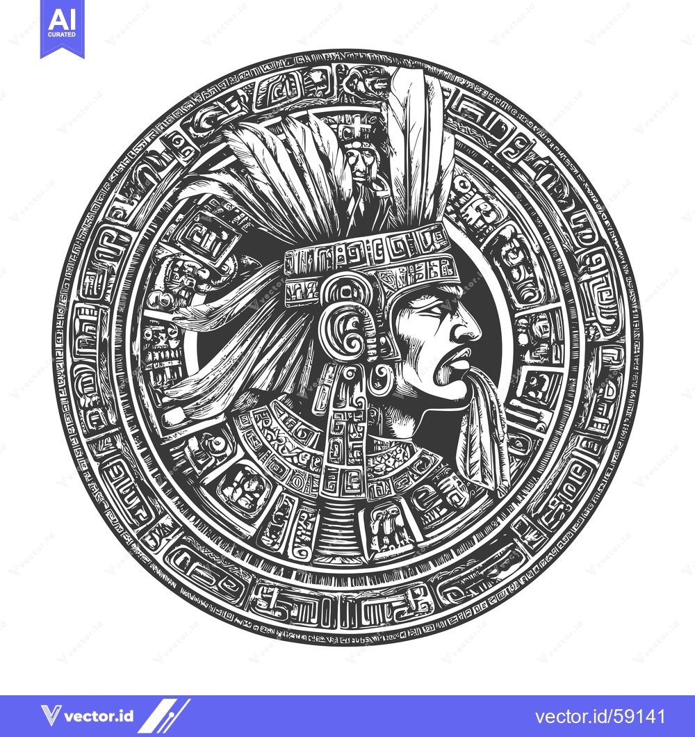 Premium Vector dari Mayan Glyphs and Warrior Depiction in Circular Design