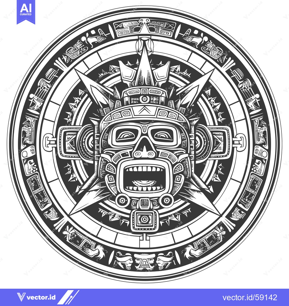 Premium Vector dari Mayan God Mask in Circular Frame with Detailed Glyphs