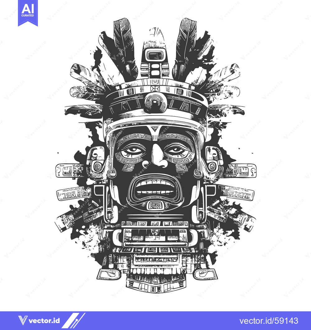 Premium Vector dari Mayan God Mask with Feathers and Geometric Details