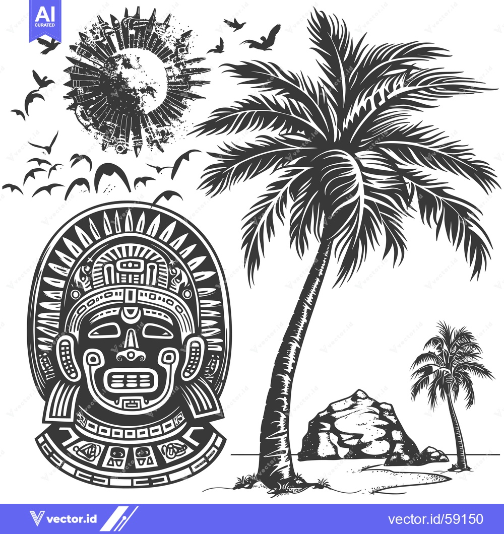 Premium Vector dari Mayan Mask with Palm Tree and Birds in Tropical Setting