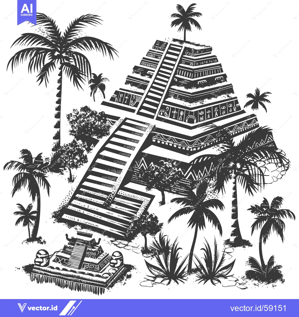 Premium Vector dari Mayan Pyramid Surrounded by Palm Trees and Lush Jungle Vegetation