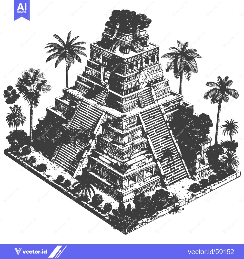 Premium Vector dari Mayan Pyramid with Carved Stone and Tropical Plants