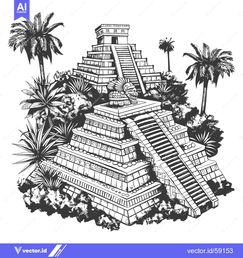 Premium Vector of Mayan Pyramid with Palm Trees and Stone Guardian