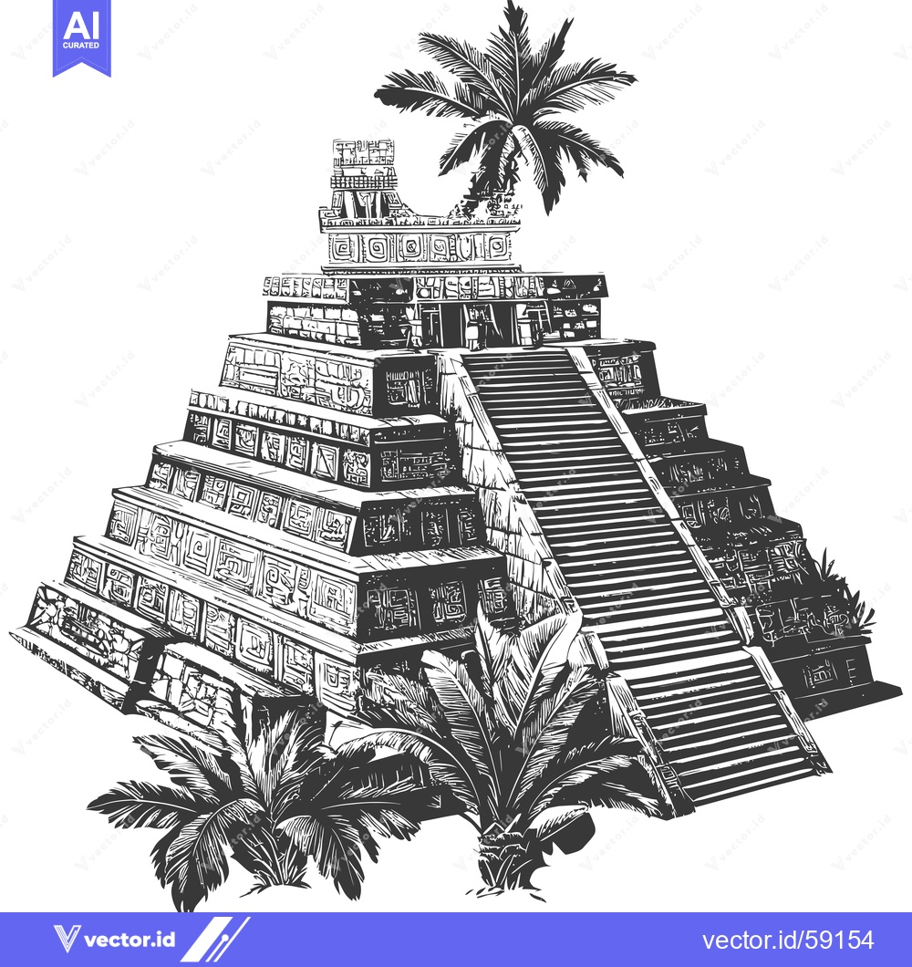 Premium Vector dari Mayan Pyramid with Palm Trees in Black and White Sketch
