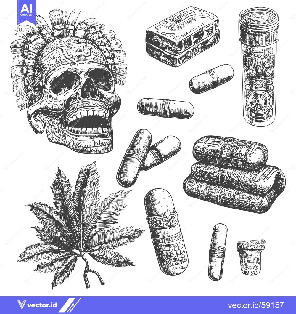 Premium Vector dari Mayan Skull With Feathers and Ancient Artifacts