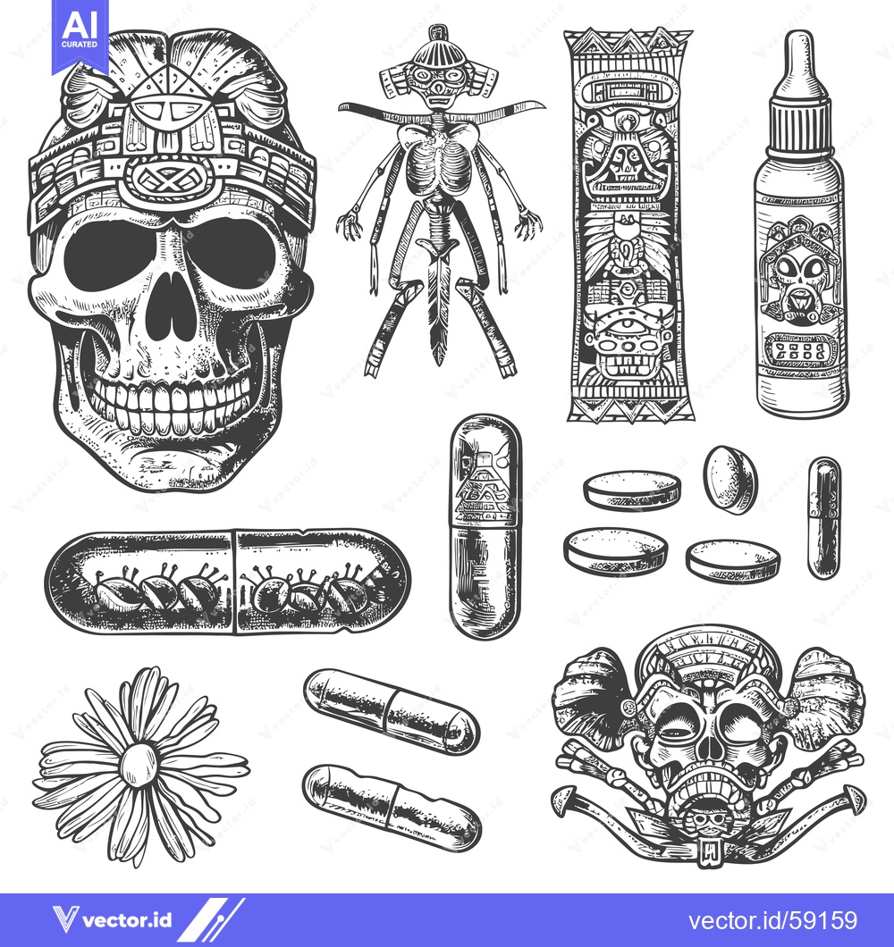 Premium Vector of Mayan Skull with Pills, Totem, and a Flower