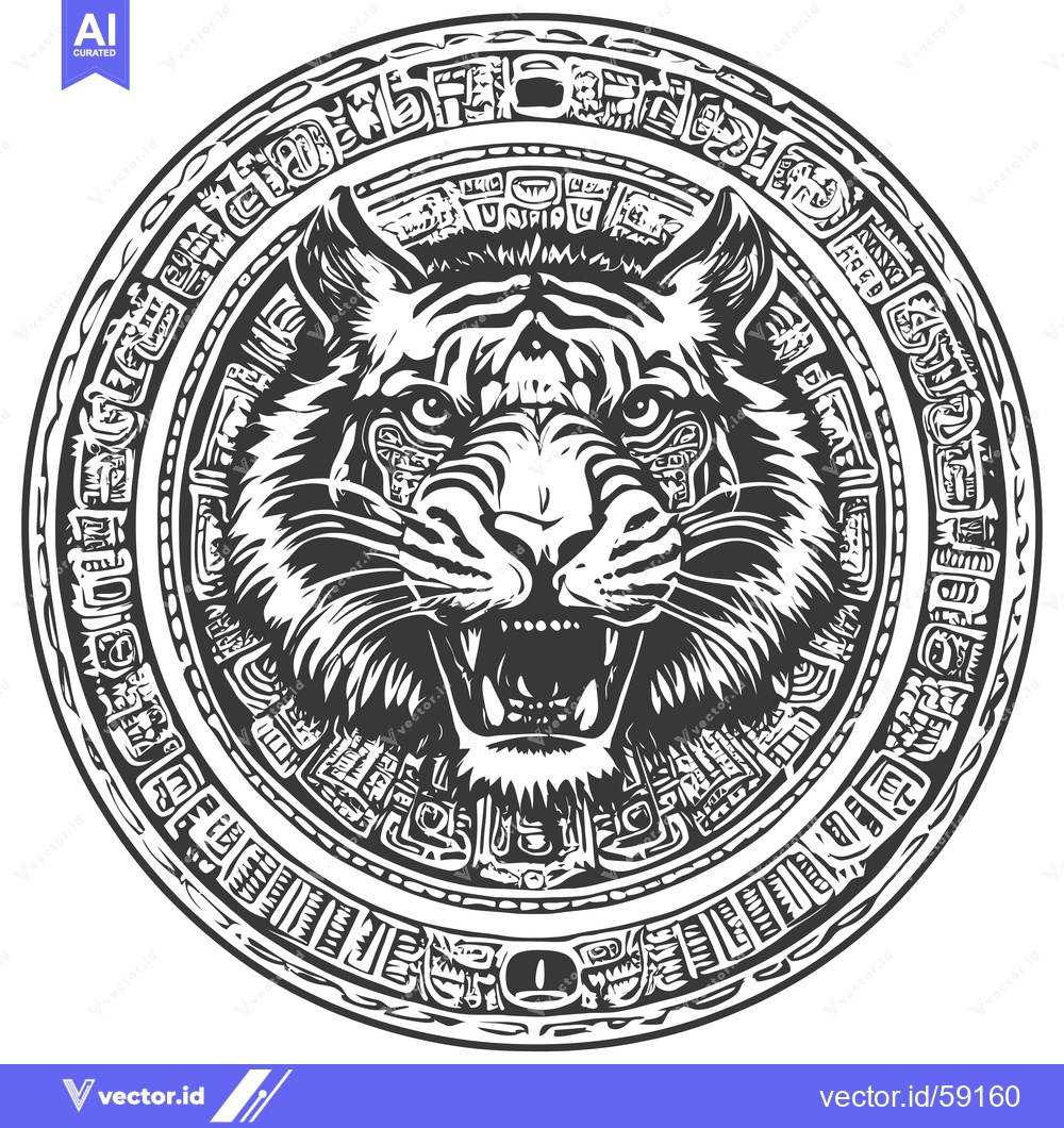 Premium Vector dari Mayan-Style Circular Emblem with Roaring Tiger Head