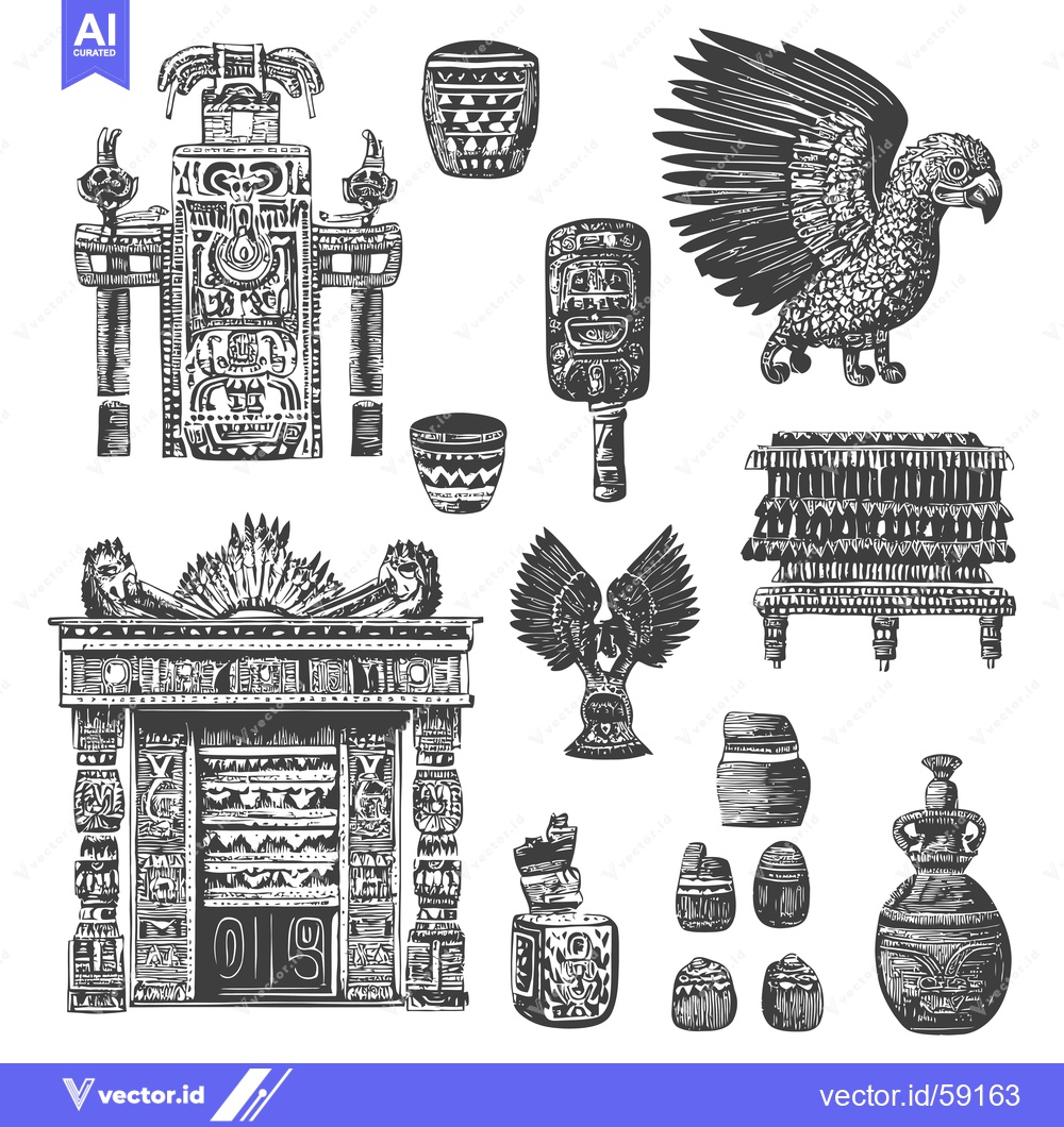 Premium Vector of Mayan Temple, Artifacts, and Bird Figurines