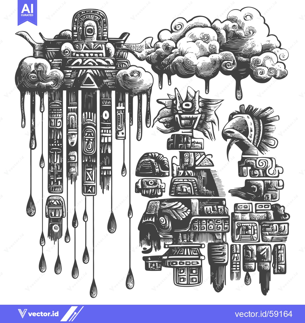 Premium Vector of Mayan Temple Ruins with Abstract Clouds and Rain