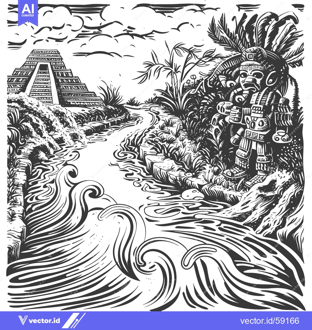 Premium Vector of Mayan Warrior and Pyramid by the River