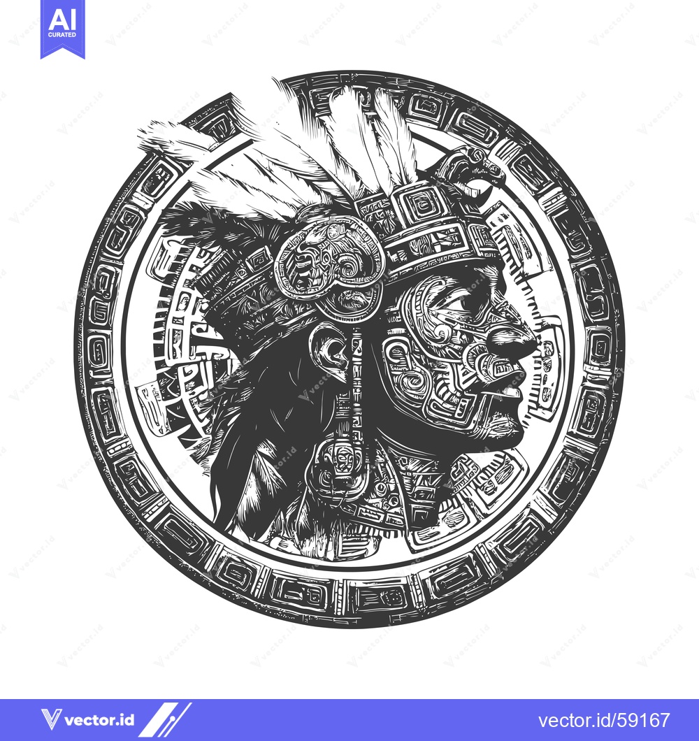 Premium Vector of Mayan Warrior in Circular Frame with Ornate Headpiece and Body Decorat