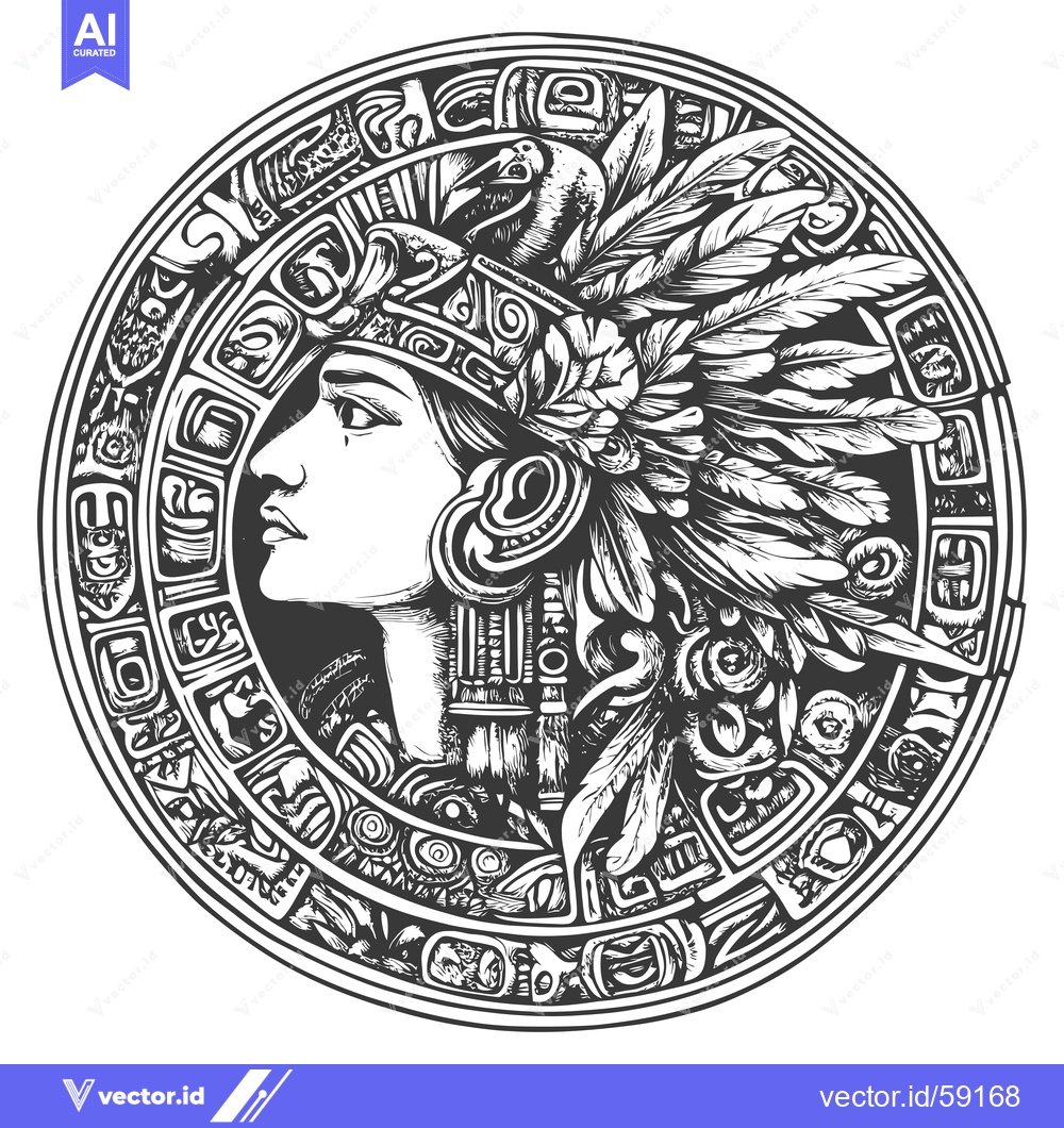 Premium Vector dari Mayan Warrior with Feathered Headdress and Ornamental Circle