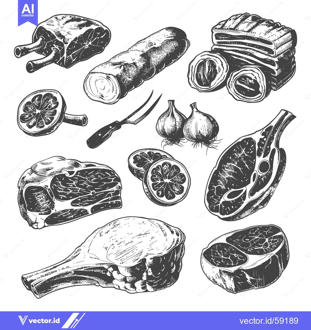 Premium Vector dari Artistic illustration showcasing various raw meats and associated ingr