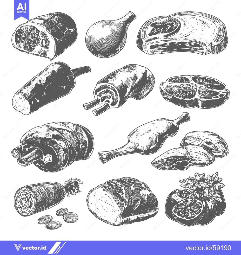 Premium Vector dari Various cuts of raw meats and citrus fruit are displayed here