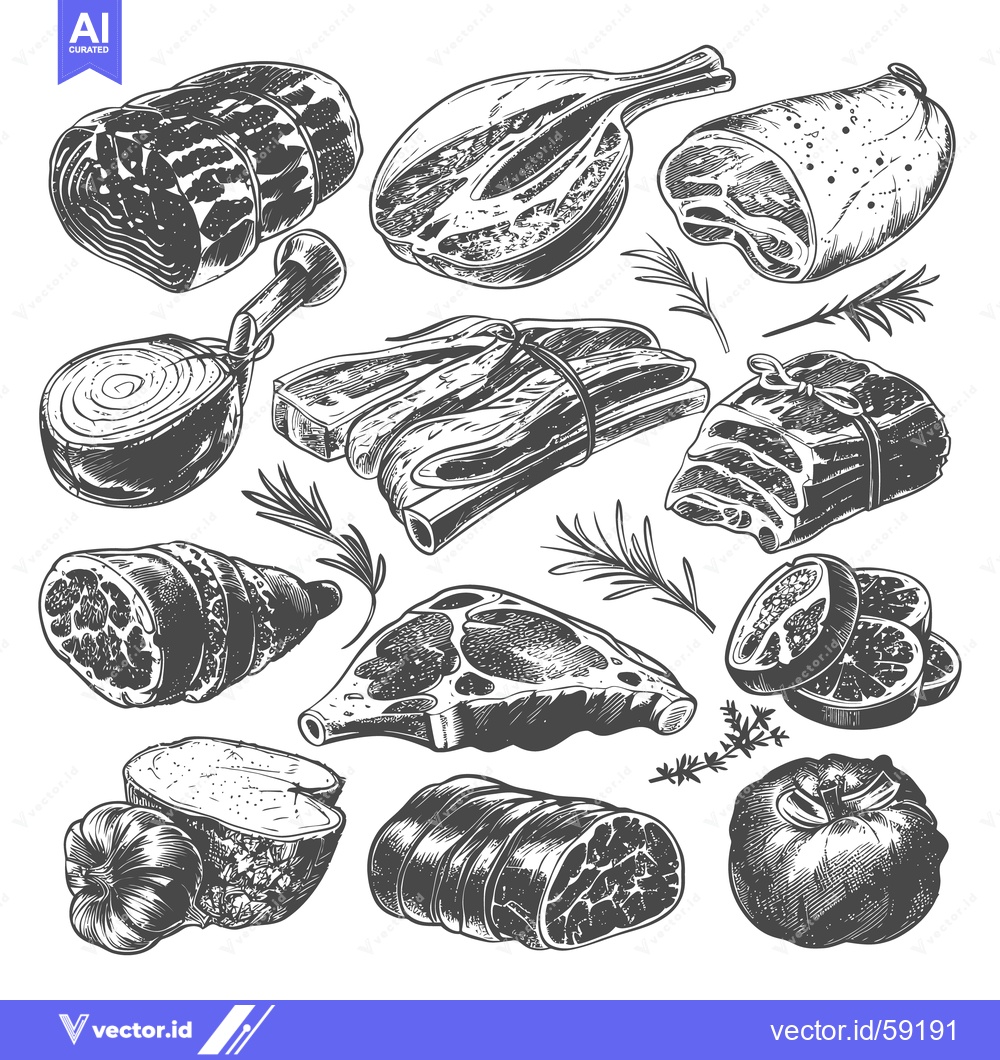 Premium Vector of Illustrations depicting various cuts of fresh uncooked meat products