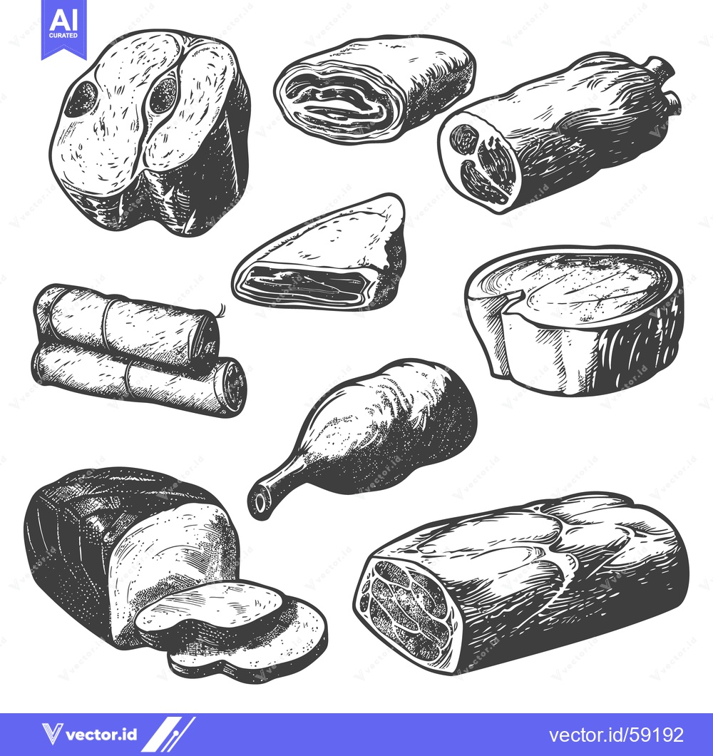 Premium Vector of Assortment of various meat cuts depicted in a monochrome illustration