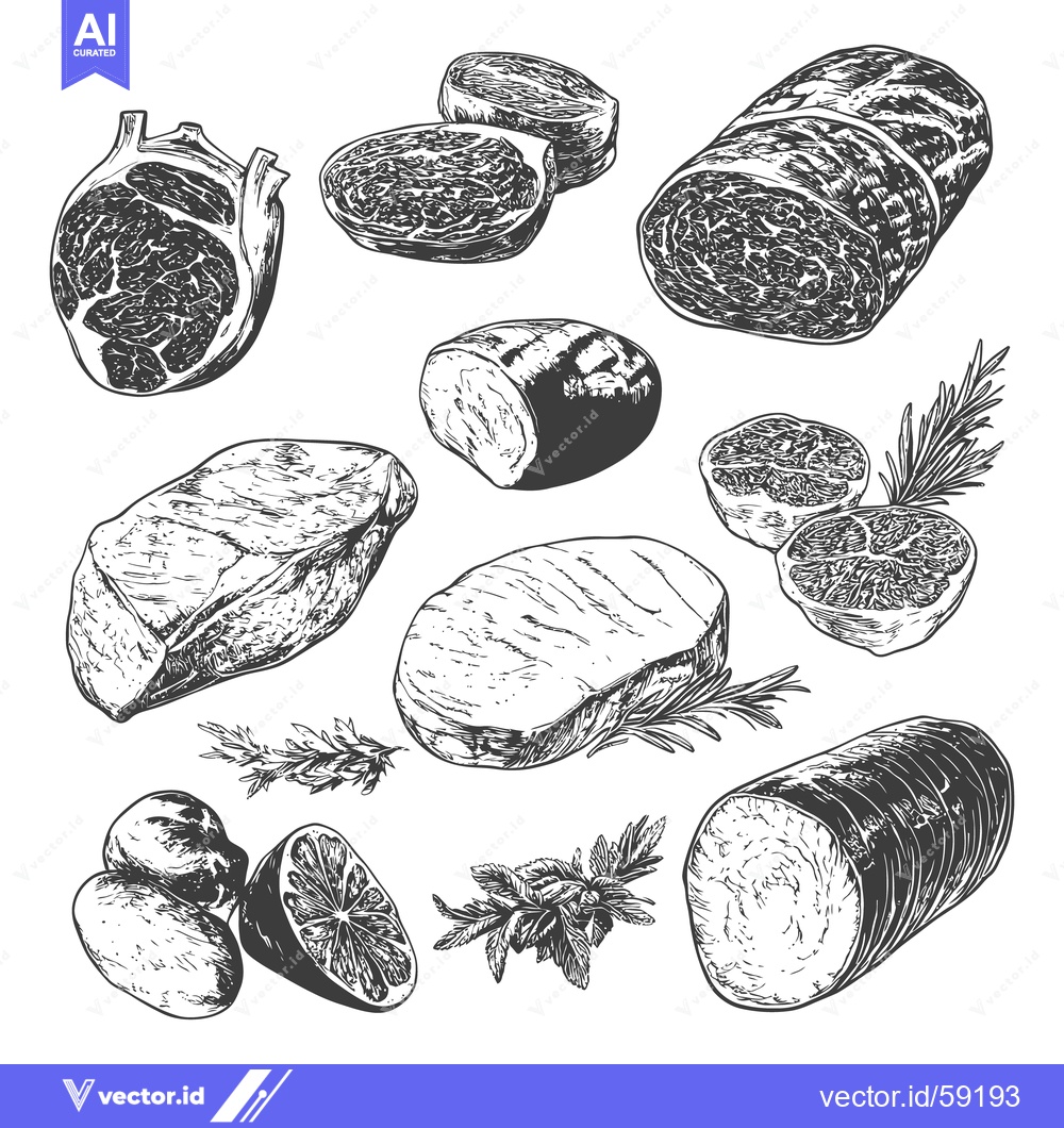Premium Vector dari Assorted cuts of fresh meat and accompanying food items