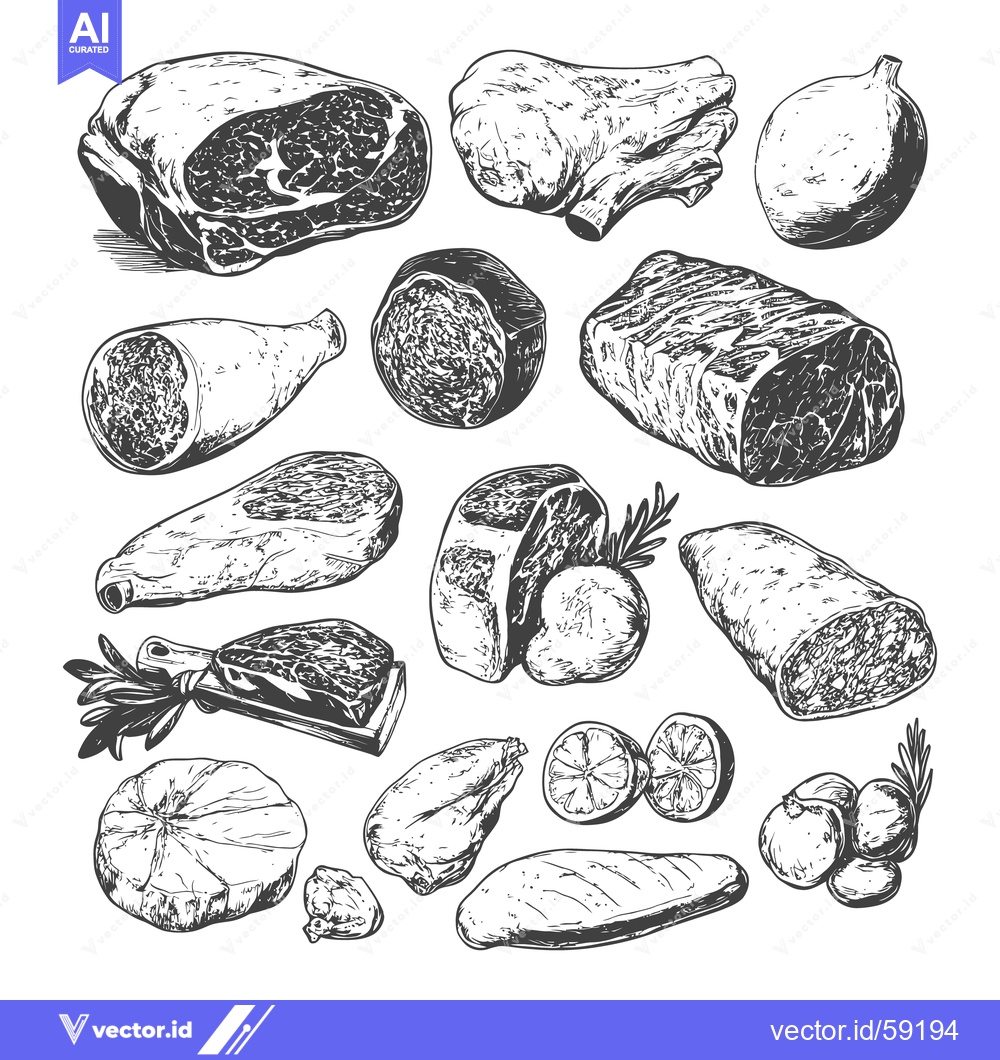 Premium Vector of Various types of butchered and prepared meat arranged in a pattern