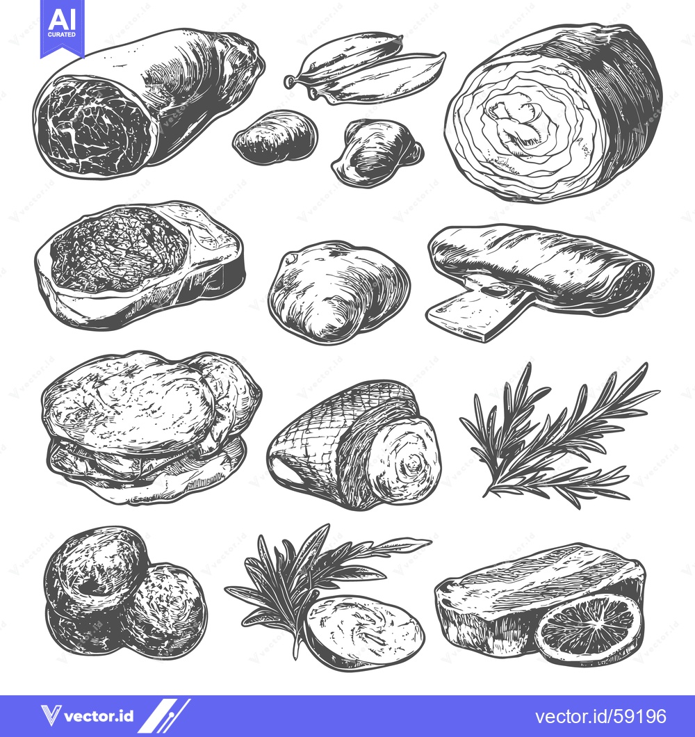 Premium Vector dari Various cuts of meat and other food are arranged in artwork