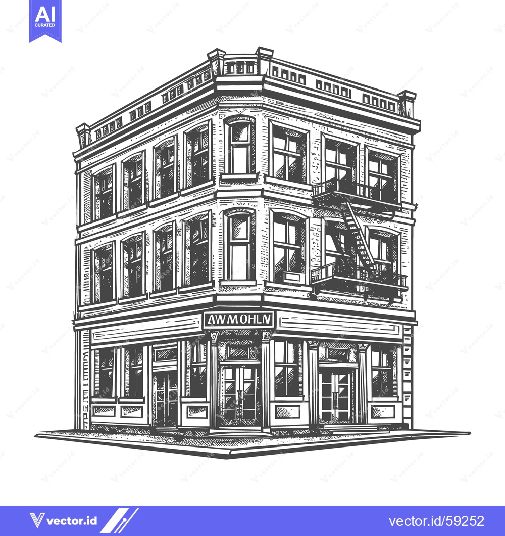 Premium Vector dari A three story brick corner building with many windows and a fire escap
