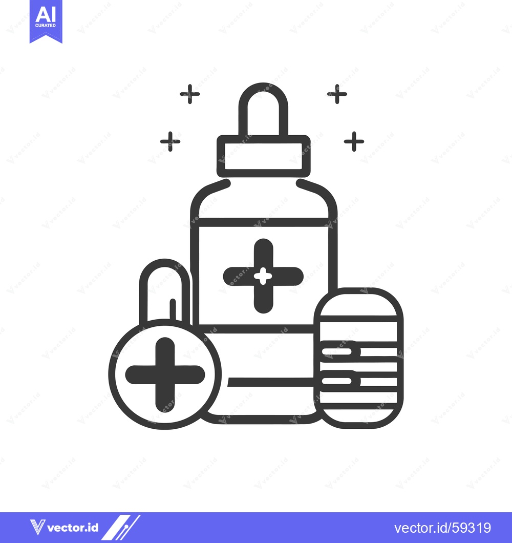 Premium Vector of Medical Supplies Icon with Dropper Bottle, Pills, and Crosses