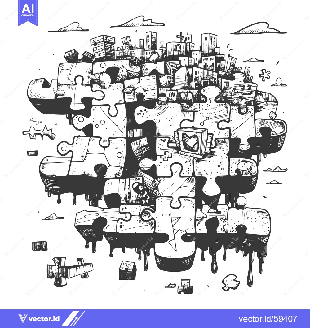 Premium Vector dari Melted Jigsaw Puzzle Cityscape With Clouds