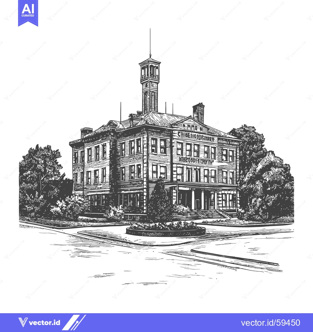Premium Vector of An architectural pen and ink illustration depicts a large building and