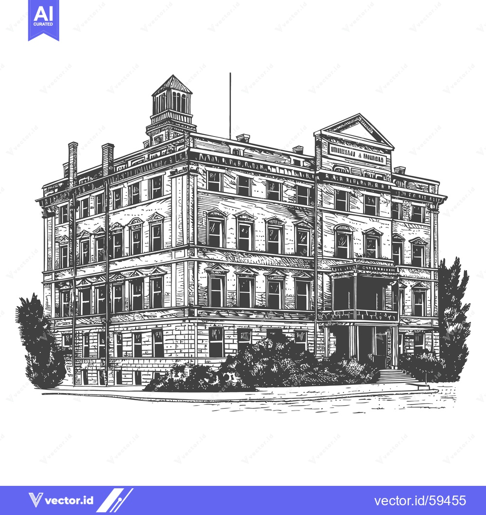 Premium Vector of A detailed monochrome drawing of a large vintage building