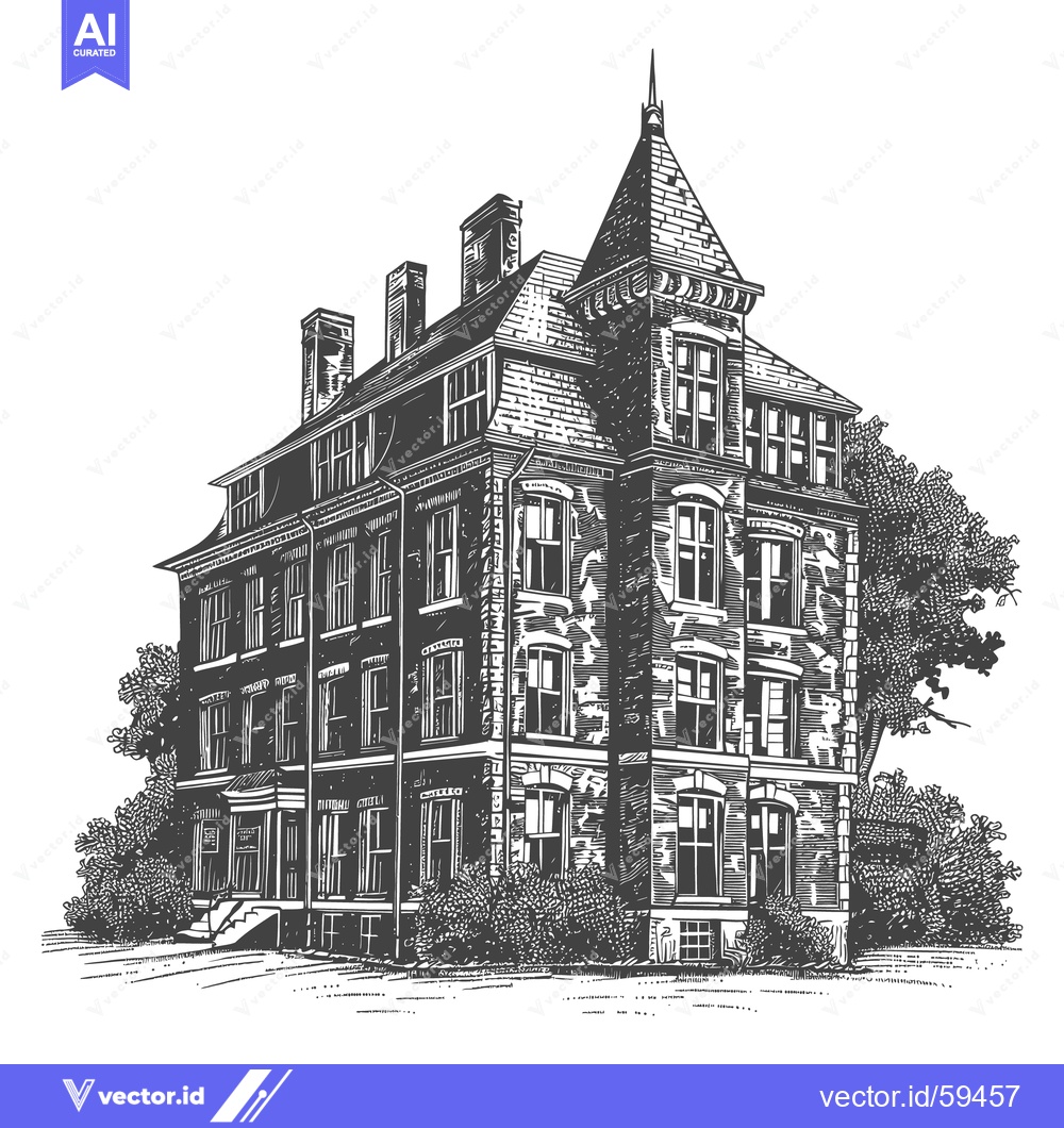 Premium Vector of A detailed pen and ink drawing of a large old house