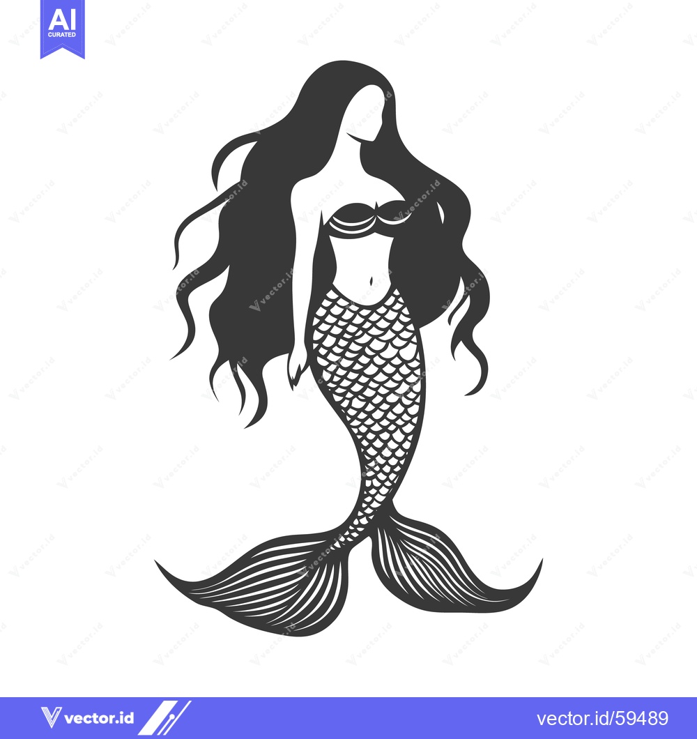 Premium Vector dari A stylized black and white image of a beautiful mermaid