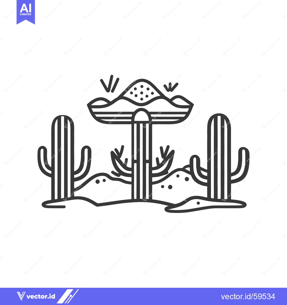Premium Vector dari Line drawing illustration of cacti and desert terrain under a mountain