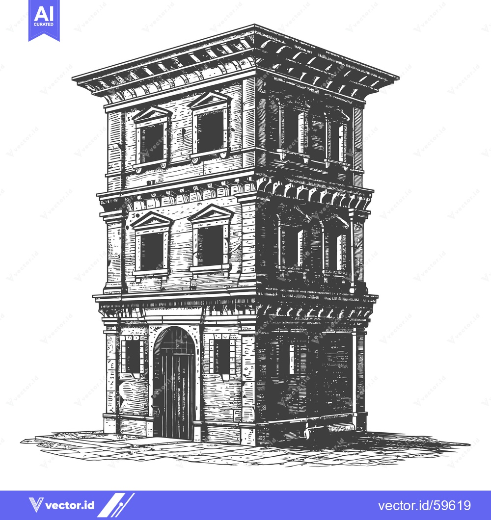 Premium Vector dari A detailed black and white illustration depicting a multi story buildi