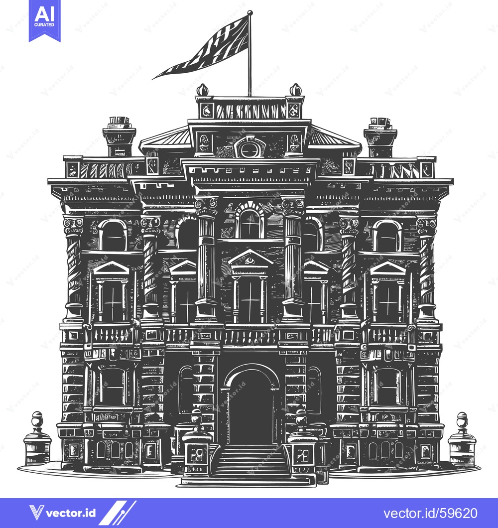 Premium Vector of A detailed monochrome illustration depicts a grand architectural build