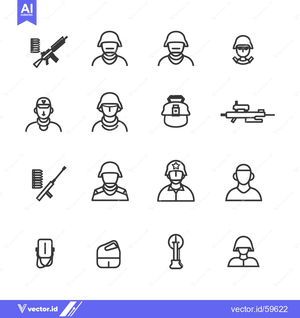 Premium Vector dari Military Icons Set, Soldiers, Weapons and Equipment Line Art