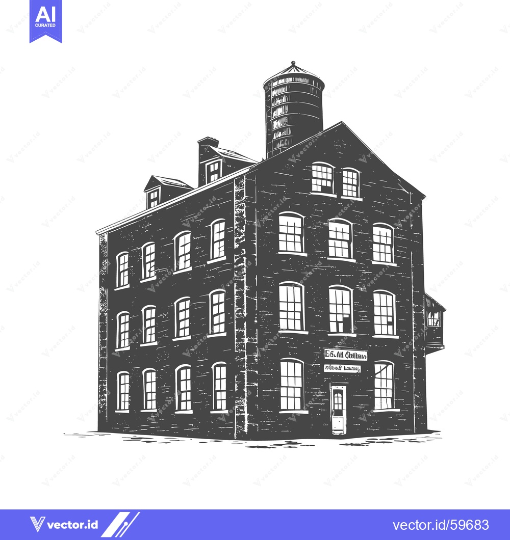 Premium Vector of An illustrated depiction of a brick building with a tall silo